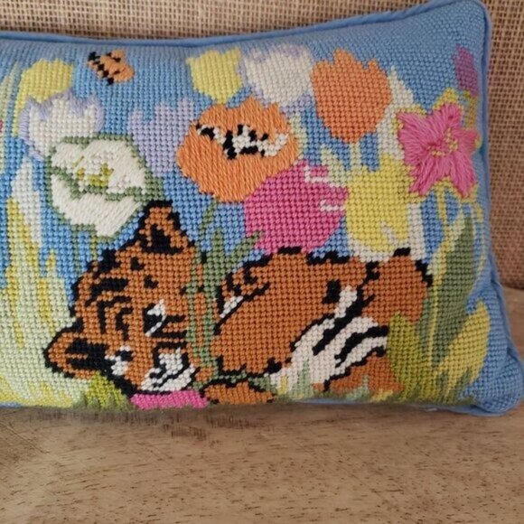 Vintage Hand-Stitched Needlepoint Pillow Tiger Cubs Tulip Flowers Baby Nursery - Picture 4 of 13